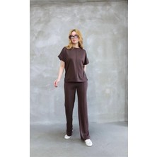 Osy Modal Yumuşak Dokulu Kumaş Bisiklet Yaka Kısa Kollu Takım - Kahverengi