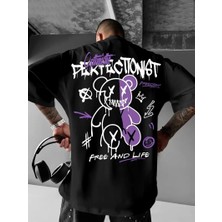 Baskılı Oversize Bisiklet Yaka T-Shirt - Siyah