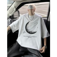 Baskılı Oversize Bisiklet Yaka T-Shirt - Beyaz