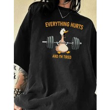 Baskılı Oversize Bisiklet Yaka T-Shirt - Siyah