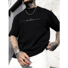 Baskılı Oversize Bisiklet Yaka T-Shirt - Siyah