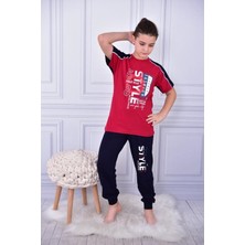 Kapip Bordo Steyle Baskılı Kısa Kollu Erkek Çocuk Pijama Takımı 11-15 Yaş 5056-B