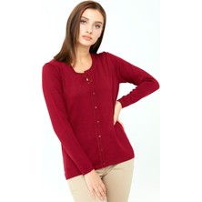 Desen Triko Kadın Likralı Basic Uzun Kollu Sıfır Yaka Hırka Vişne