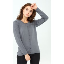 Desen Triko Kadın Likralı Basic Uzun Kollu Sıfır Yaka Hırka Füme