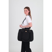 Sevil Collection  Sevil Collection Anne Bebek Bakım Çantası  Siyah Kapitone  Desenli Kumaş Geniş Omuz Askılı