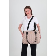 Sevil Collection  Sevil Collection Anne Bebek Bakım Çantası Kum Beji  Kapitone Desenli Kumaş Geniş Omuz Askılı