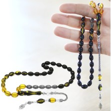 Tesbihane 925 Ayar Gümüş Püsküllü Arpa Kesim Gümüş Isim Yazılı Süzme Sarı-Siyah Ateş Kehribar Tesbih