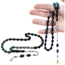 Tesbihane 925 Ayar Gümüş Püsküllü Arpa Kesim Gümüş Isim Yazılı Süzme Turkuaz-Siyah Ateş Kehribar Tesbih