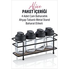 Alice Ahşap Tabanlı Metal Standlı 4'lü Çift Kapaklı Cam Baharatlık Seti - Tuzluk Biberlik 