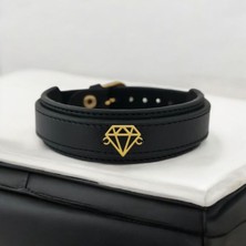 14 Ayar Plakalı Altın Erkeklere Özel Elmas Motifli Derili Bileklik-410ELMAS-Siyah