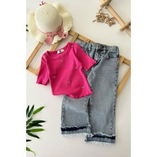 Miniğimin Cicileri Taşlı Fiyonk Desenli Kot Pantolonlu kız takım - Fuşya