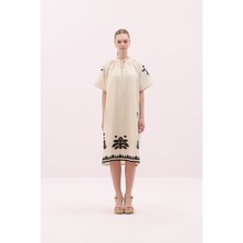 Bağlama Detaylı Nakışlı Midi Boy Elbise Bej- Siyah Y2563107_218