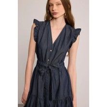 Gusto Kolu Volanlı Denim Elbise - Mavi