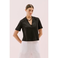 V Yaka Double Kısa Kol T-Shirt Siyah Y2523836_001