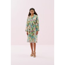 Önü Düğmeli Pilili Midi Boy Keten Elbise Standart Renk Y2511020_089