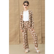 Kahve Desenli Bluzlu Geniş Paça Pantolonlu Kız Çocuk 3lü Takım 20761