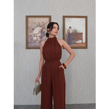 Esra Helvacı Saks Mavi Halter Yaka Uzun Tulum