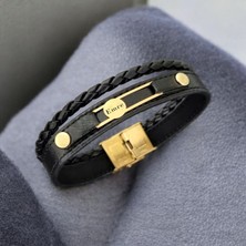 14 Ayar Altın Plakalı Derili Daireli ve Dikdörtgen Motifli Erkeklere Özel Isim Bilekliği-418İsim-Siyah