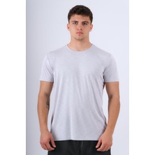 Behind Look Bisiklet Yaka Modal Flamlı Düz T-Shirt Gri