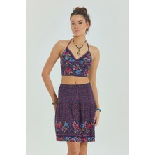 Sırtı Açık Boyundan Bağlamalı Kuplu Crop Bluz