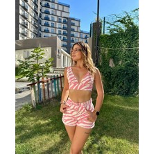 Pembe Zebra Desen Şort Büstiyer Denim Takım