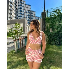 Pembe Zebra Desen Şort Büstiyer Denim Takım