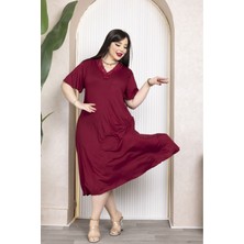 Bambu V Yaka Dantel Detaylı Eteği Kloş Elbise Büyük Beden 6xl