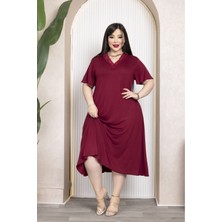 Bambu V Yaka Dantel Detaylı Eteği Kloş Elbise Büyük Beden 6xl