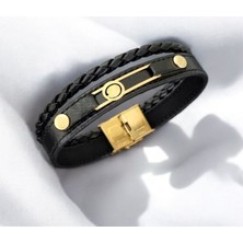 14 Ayar Altın Plakalı Erkeklere Özel Derili Daireli ve Dikdörtgen Motifli Sembol Bilekliği-418SEMBOL-Siyah