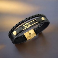 Altın Plakalı 14 Ayar Erkeklere Özel Derili Daireli ve Dikdörtgen Motifli Sembol Bilekliği-418SEMBOL-Siyah