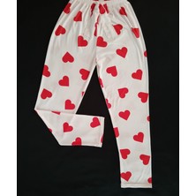 Bukadınca Ekru Pamuklu Kumaş Üzerinde Kırmızı Kalp Desenli Pijama Alt