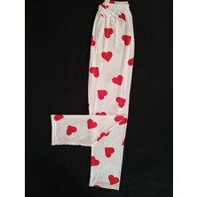 Bukadınca Ekru Pamuklu Kumaş Üzerinde Kırmızı Kalp Desenli Pijama Alt