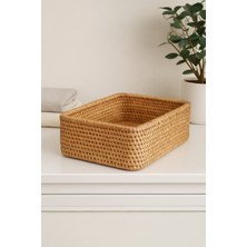 Ocean Point Doğal Rattan Dikdörtgen Saklama Kutusu, Çok Amaçlı Düzenleyici Sepet, 37 cm