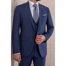 Erkek Slim Fit Sivri Yaka Mavi Kombin Yelekli Takım Elbise