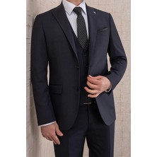 Erkek Slim Fit Sivri Yaka Lacivert Kombin Yelekli Takım Elbise