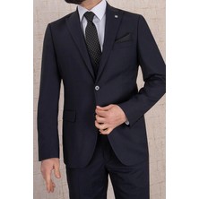 Erkek Slim Fit Sivri Yaka Lacivert Kombin Yelekli Takım Elbise