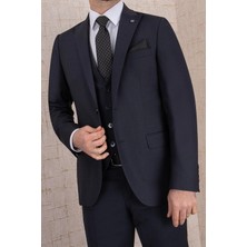 Erkek Slim Fit Sivri Yaka Lacivert Kombin Yelekli Takım Elbise