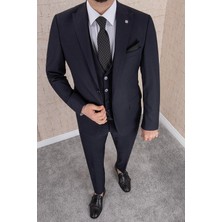 Erkek Slim Fit Sivri Yaka Lacivert Kombin Yelekli Takım Elbise