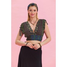 Derin V Yaka Dekolte Desenli Yazlık Bluz