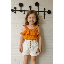 Miniğimin Cicileri Fırfır Askılı Kız Çocuk Kolsuz Bluz & Kalp Detaylı şort takım - Turuncu