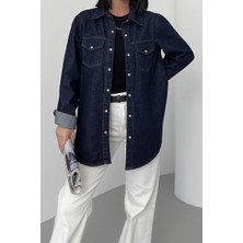Klasik Yakalı Uzun Kollu Çıtçıt Kapama Detaylı Kadın Kot Gömlek Denim Dört Mevsim Slaplı Lacivert
