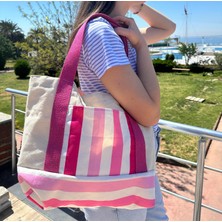 Mevka Baby %100 Pamuk Kanvas Dokuma Çizgili Keten 3 Adet Cepli Omuz Çantası – Pembe /beyaz- 45*45*10- içi geniş cepli spor kumaş çanta