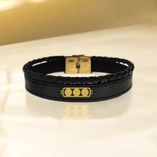 14 Ayar Altın Plakalı Erkeklere Özel Üç Daire Motifli Derili Bileklik-419ÜÇDAIRE-Siyah