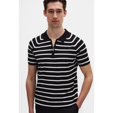 Ds Damat Slim Fit Siyah Rayon Polo Yaka Fermuarlı Triko T-Shirt 4HF06ORT10002