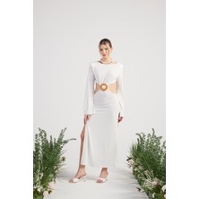 Esnek Kumaş Sırt Dekolteli Uzun Cameron Elbise Beyaz