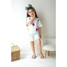 Cg Kids Nakışlı Meyve Basic Kot Şort Püskül Paça Arka Cep Nakış Detay Kız Çocuk Alt Üst Takım