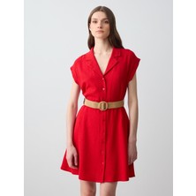 Jimmy Key Kırmızı Kısa Kollu Gömlek Yaka Kemer Detaylı Keten Mini Elbise
