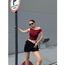 Kadın Bordo Sandy Kumaş Düşük Omuzlu Kalın Askılı Body 29127