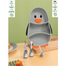Penguen Figürlü Silikon Vakumlu Mama Tabağı, Paslanmaz Çelik Uçlu Çatal, Kaşık