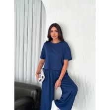 Osy Modal Yumuşak Dokulu Kumaş Bisiklet Yaka T-Shirt Bol Paça Pantalon Ikili Takım -Saks Mavi